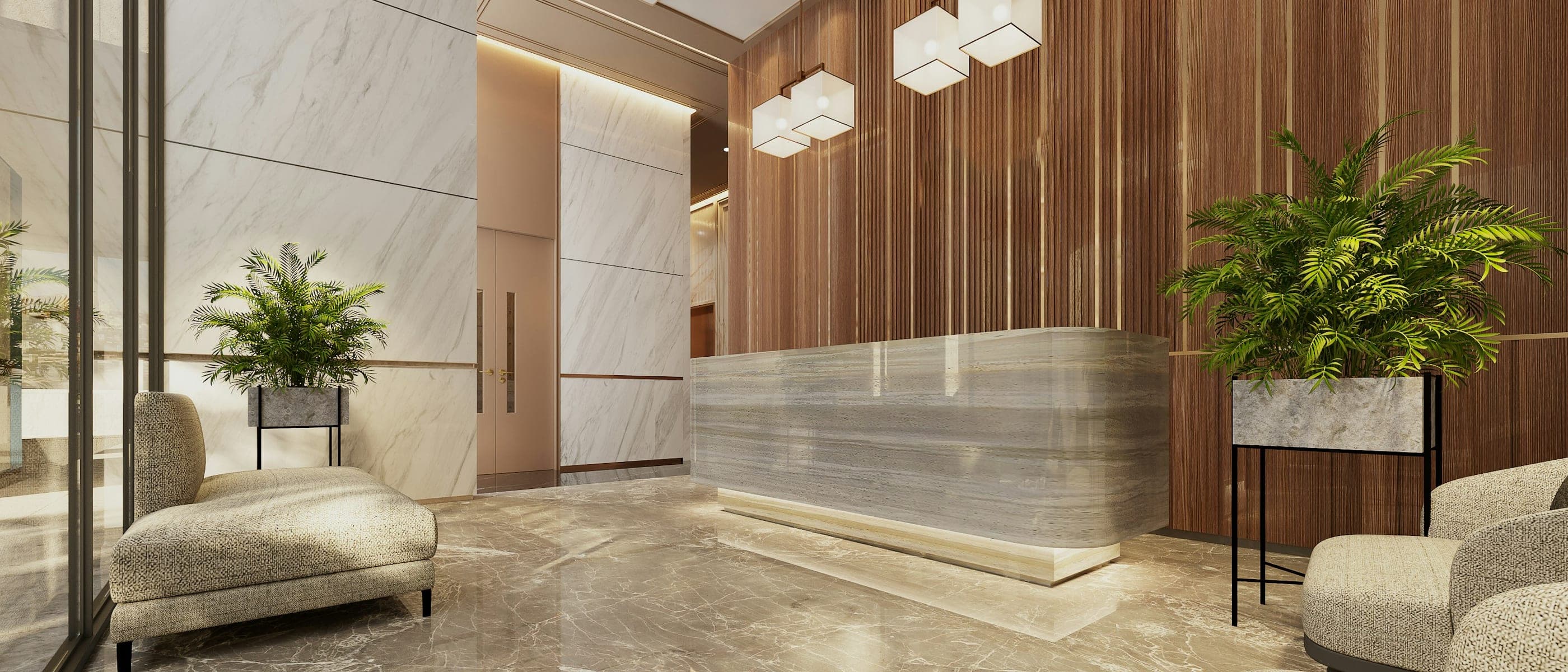 Elegant residential lobby with a marble concierge desk, wood-panelled wall and plants